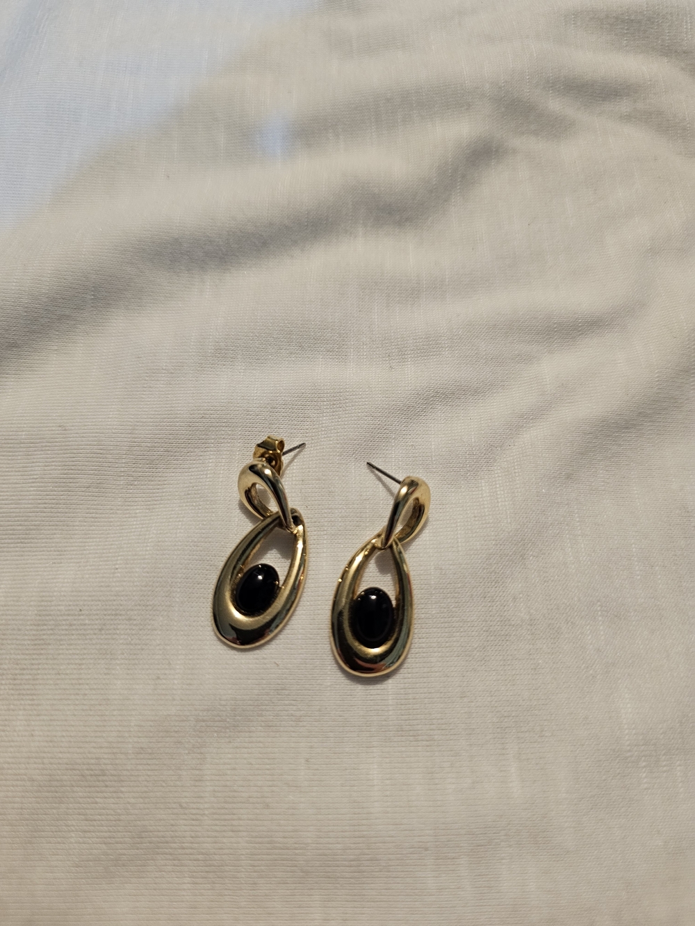 Gold-Tone Drop Earrings with Black Cabochon Accent